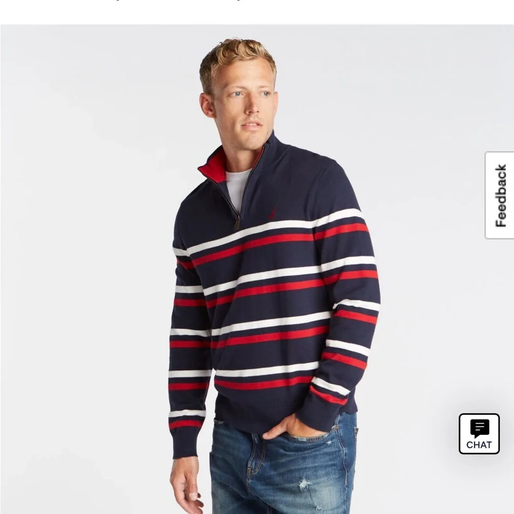 Nautica Navy Quarter-Zip Sweater with Red & White Stripes - Picture 1 of 3